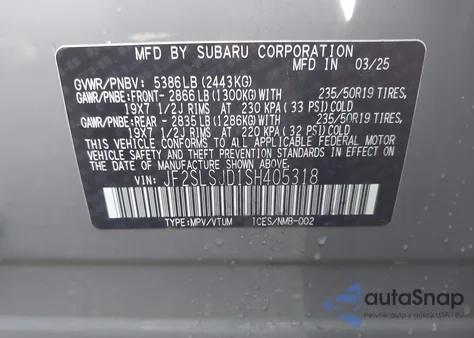 2025 Subaru Forester Hybrid Sport из США, поврежденный, VIN JF2SLSJD1SH405318